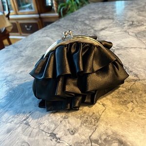 Small black satin ruffle evening bag